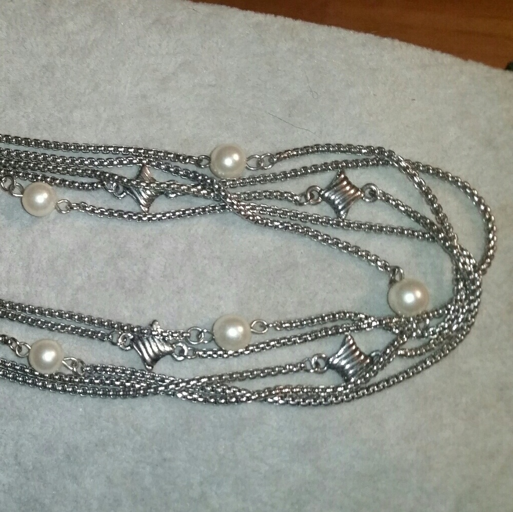 Silver, 5 Multi-Chain, Pearl & Textured Silver Squ - Picture 3 of 5